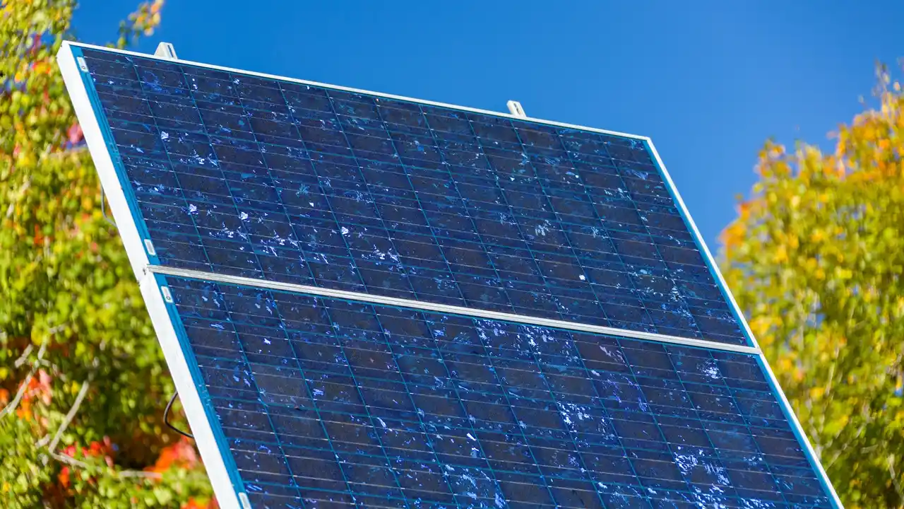 Close up on a plate of mashed potatoes, topped with baked pork chops with cream of mushroom soup, and a side of green beans.