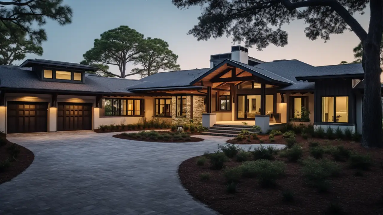 Close up on a plate of mashed potatoes, topped with baked pork chops with cream of mushroom soup, and a side of green beans.